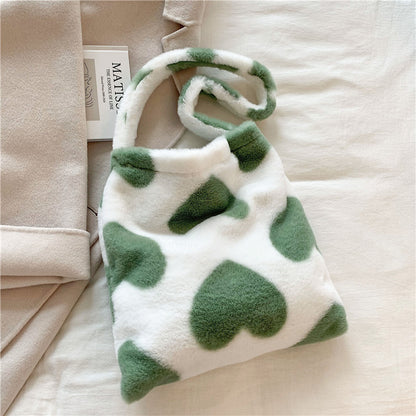 Love Heart Shoulder Bags Winter Plush Shopping Bags For Women