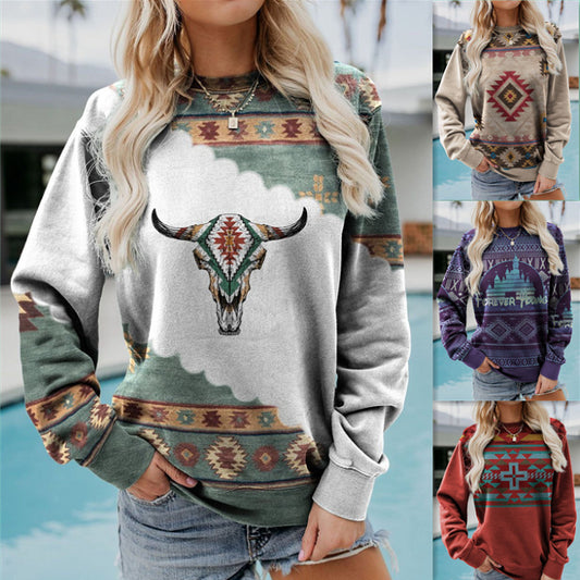 Women Pullover Sweatshirt Long Sleeve Print Crew Neck Sweatshirt